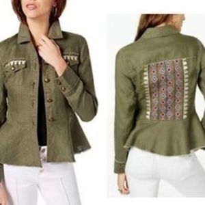 INC Military Peplum Embroidered Linen Boho Green‎ Long Sleeve Jacket Size Large